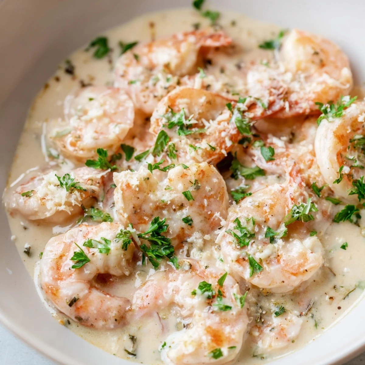 Plump garlic cream shrimp served over white rice, showcasing the silky Parmesan sauce and lemon juice finish
