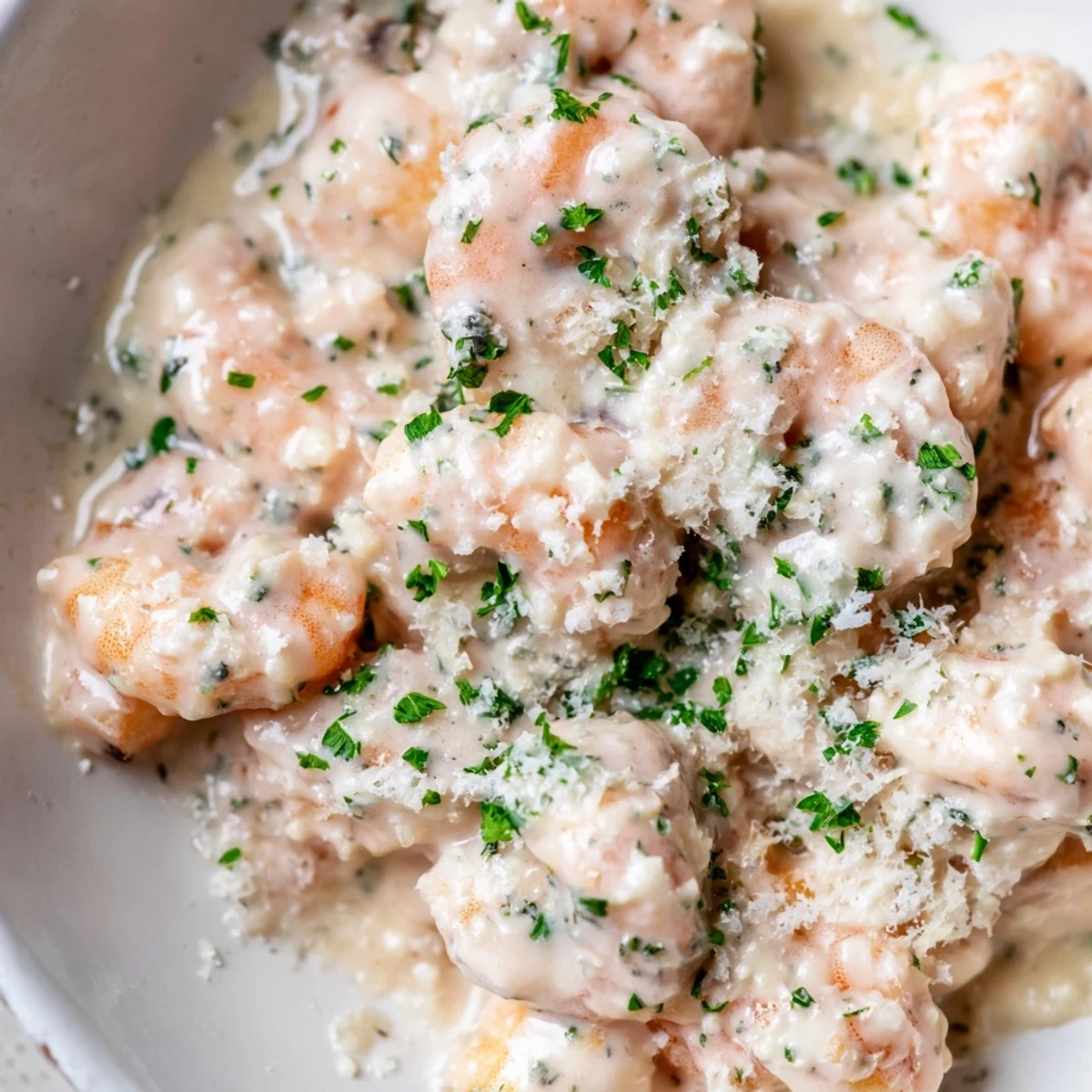 Close-up of tender shrimp coated in aromatic garlic cream sauce, sprinkled with chopped parsley and black pepper