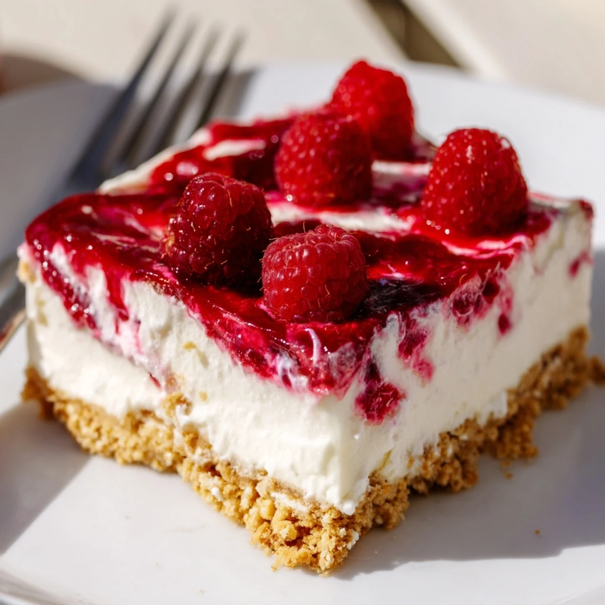 No bake raspberry cream dessert with graham cracker crust and fresh berry topping