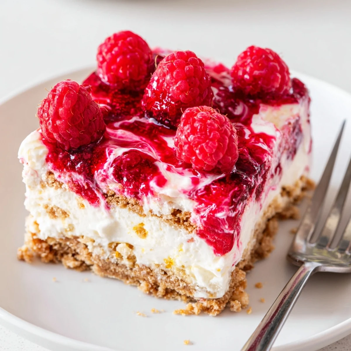 Raspberry cream dessert squares featuring fluffy filling and vibrant red raspberry layer