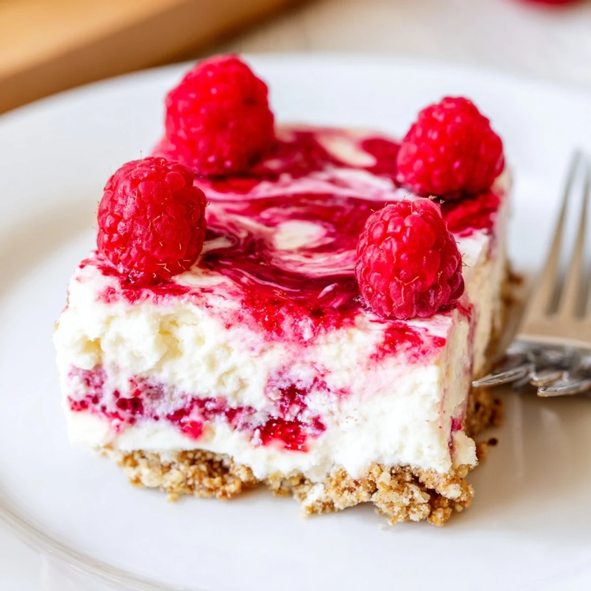 Silky no bake raspberry cream dessert topped with juicy fresh raspberries