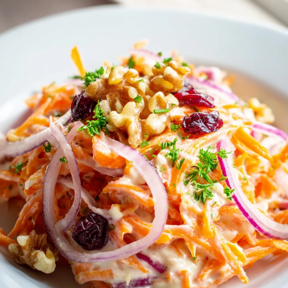 Tangy apple carrot slaw recipe with sweet honey dressing and optional toasted walnuts sprinkled on top