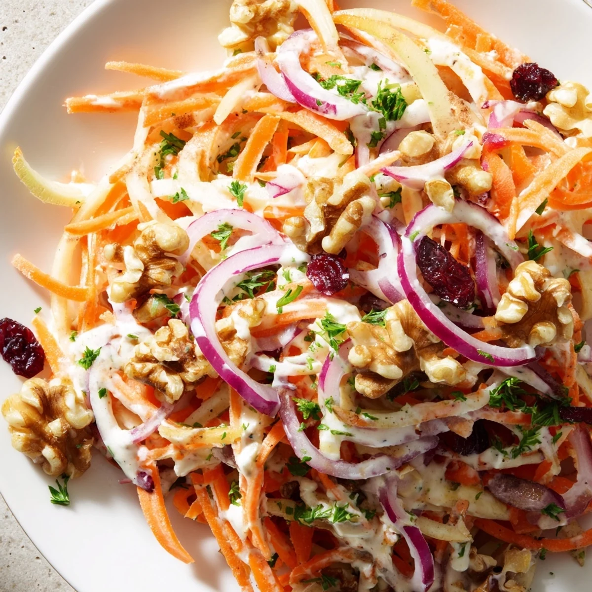 Colorful bowl of apple carrot slaw topped with parsley and red onion slices for serving