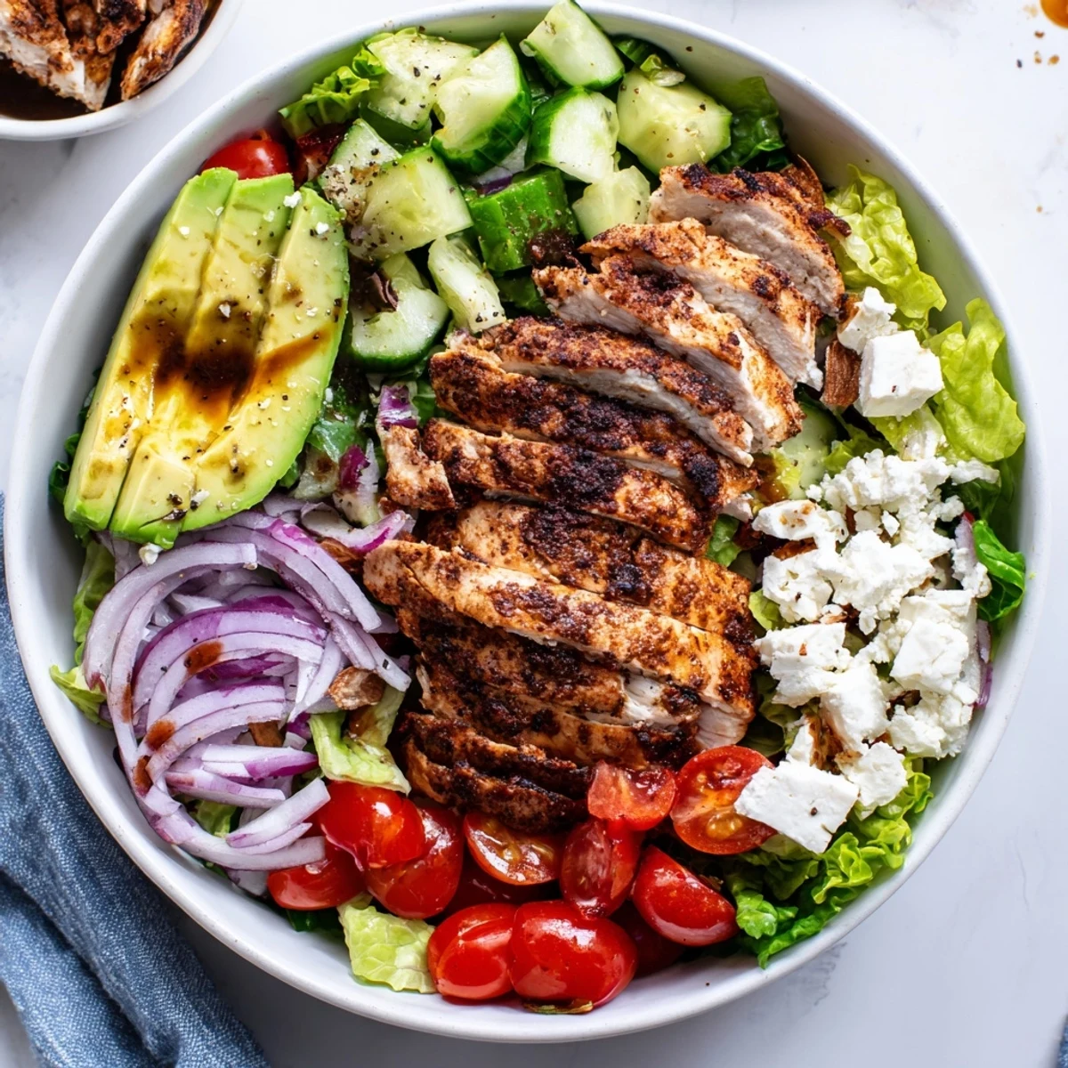 Colorful grilled chicken salad recipe with crisp vegetables and zesty balsamic vinaigrette dressing