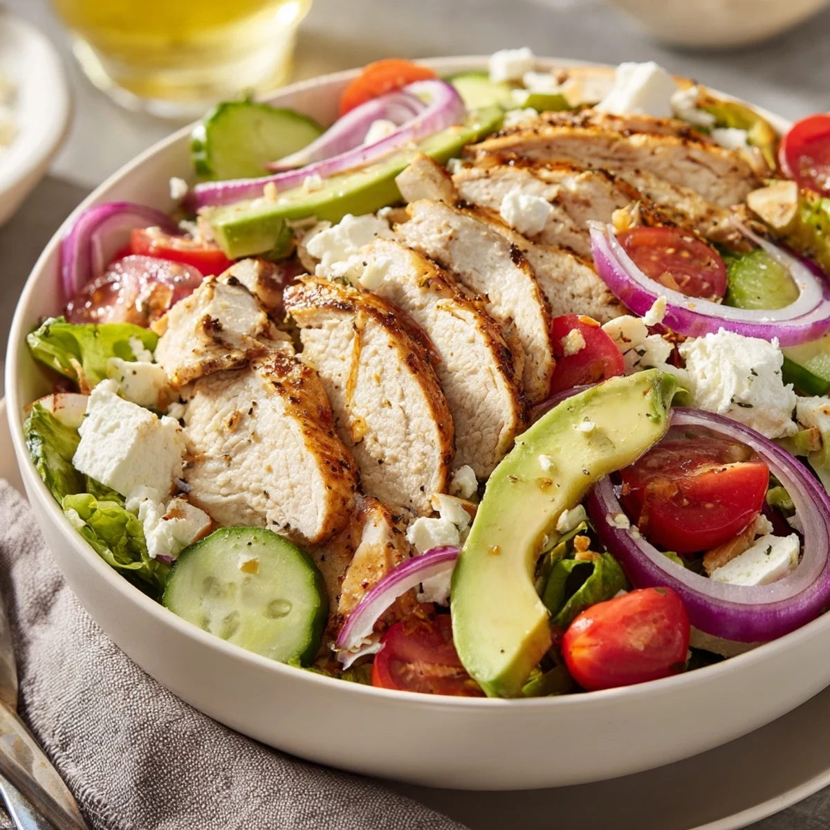 Light and healthy grilled chicken salad recipe featuring juicy spiced chicken and crumbled feta cheese