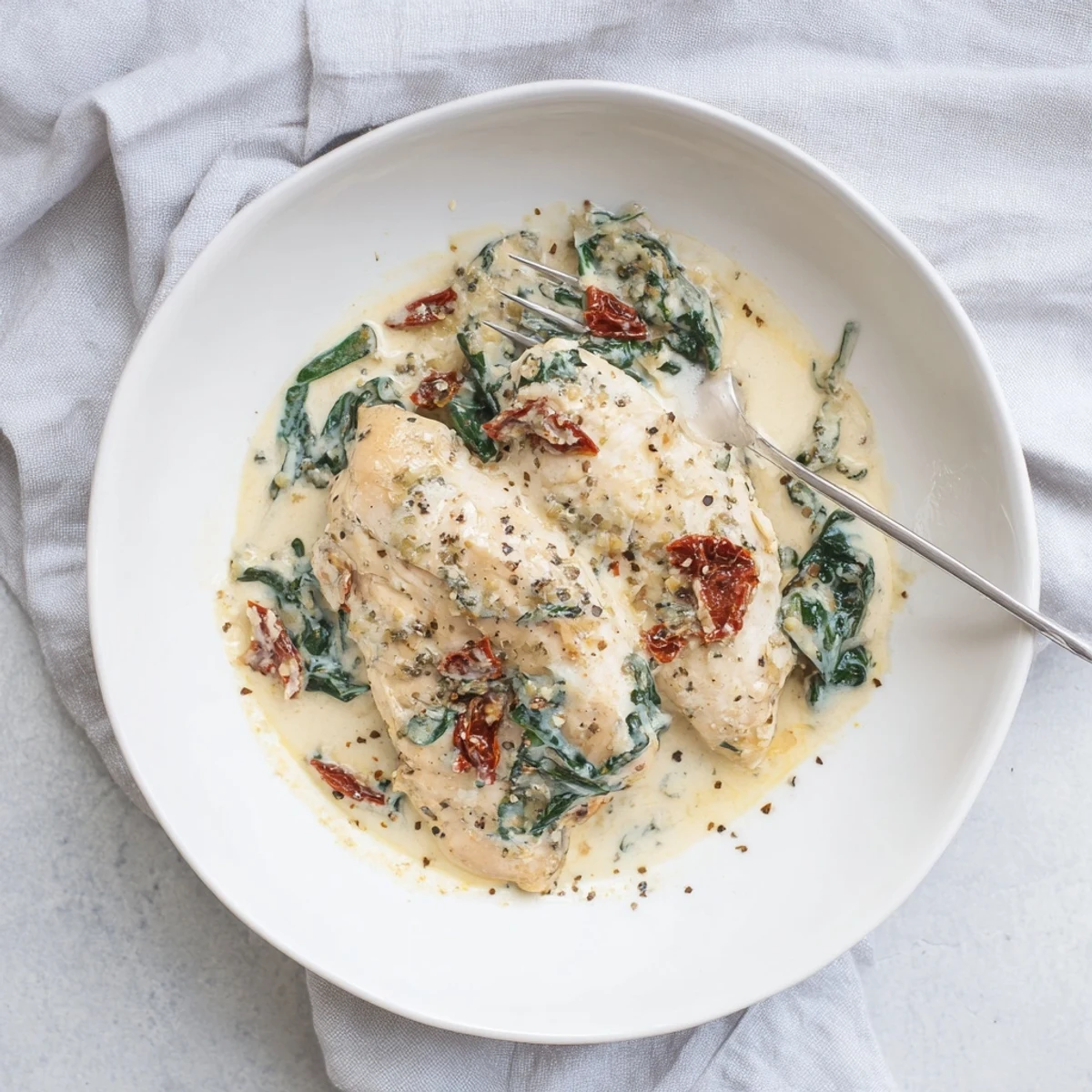 Slow Cooker Tuscan Chicken in creamy parmesan sauce with wilted spinach