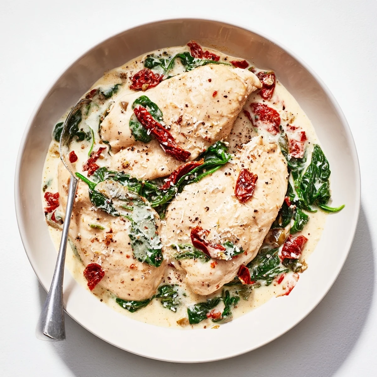 Slow Cooker Tuscan Chicken: golden seared breasts simmering in sun dried tomato cream