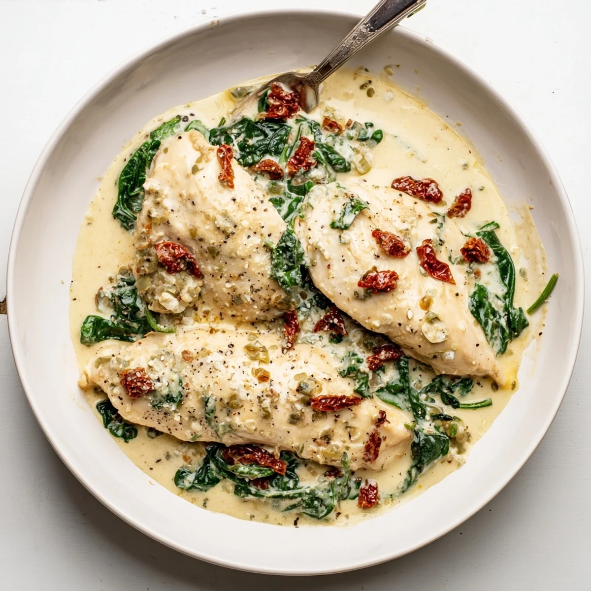 Family style Slow Cooker Tuscan Chicken spooned over pasta with crusty bread