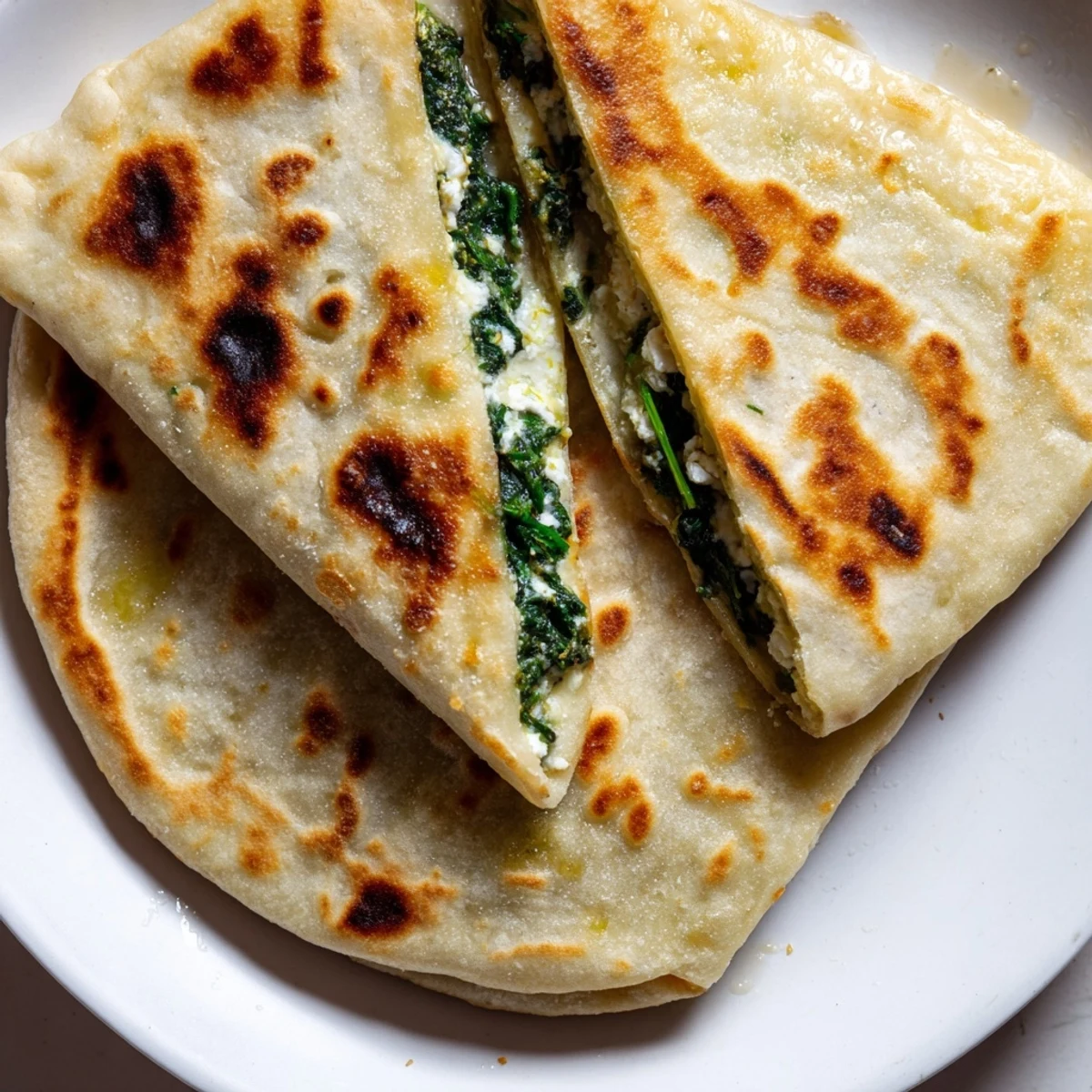 Turkish Gozleme Spinach Feta flatbread folded around creamy feta and wilted spinach mixture