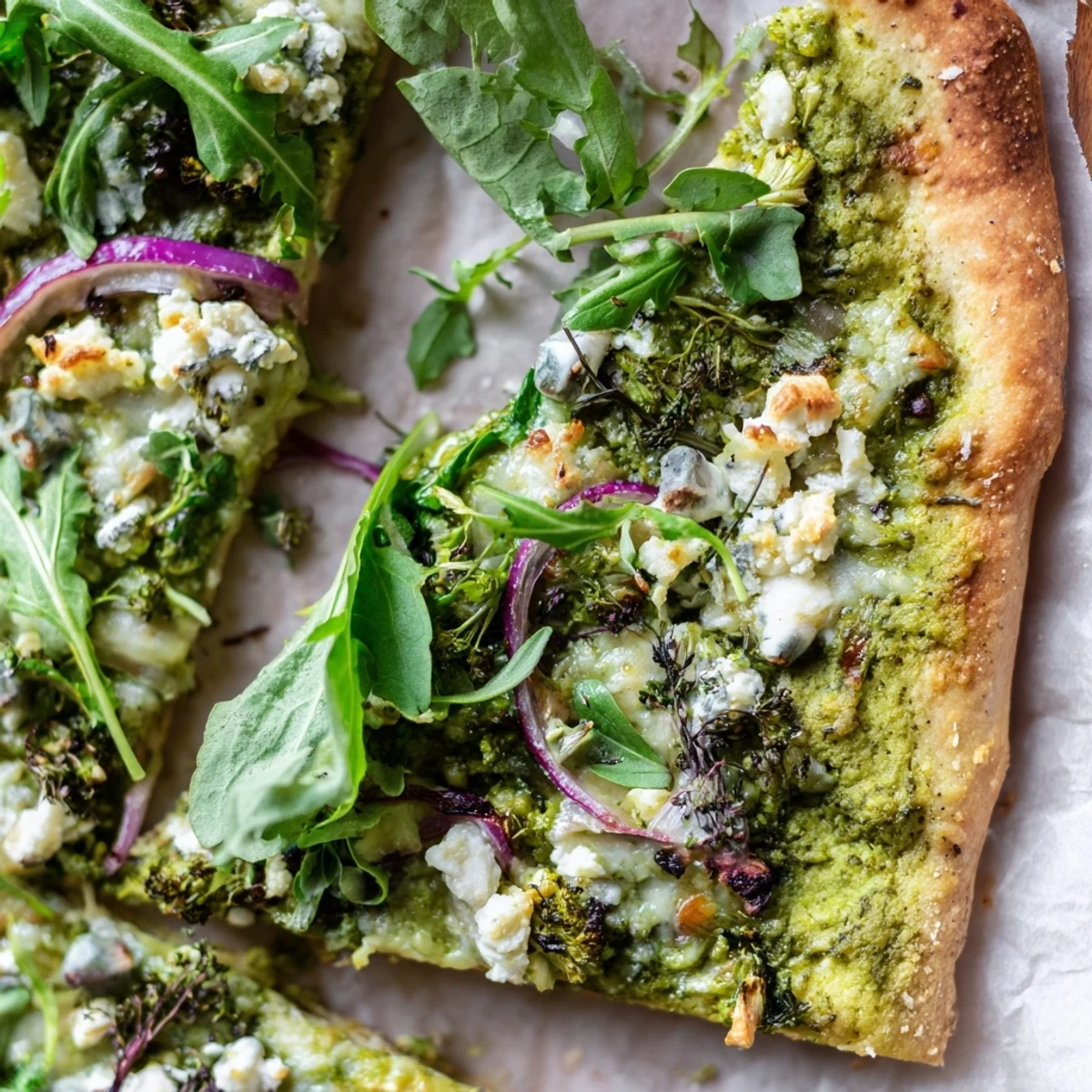 Golden crust green pizza broccoli pesto topped with melted mozzarella and fresh arugula