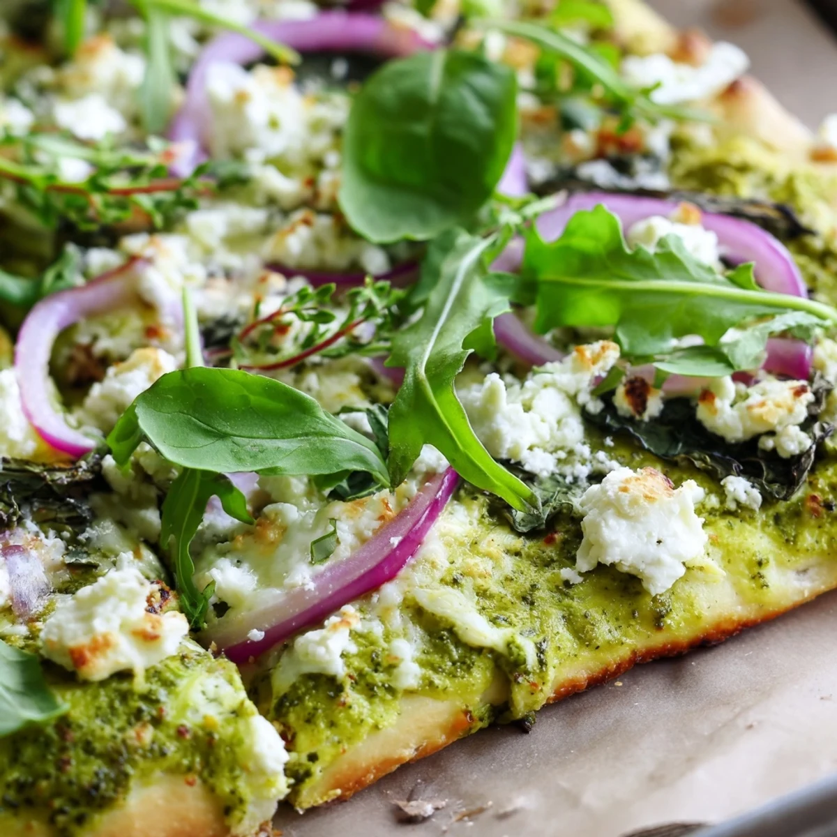 Homemade green pizza featuring vibrant broccoli pesto sauce with bubbling cheese and red onion