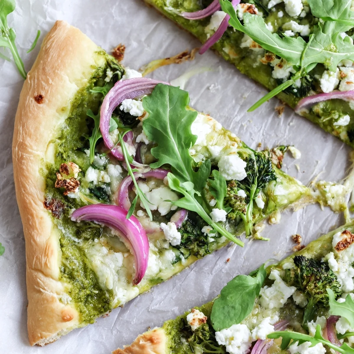 Slice of vegetarian green pizza broccoli pesto garnished with fresh basil and baby spinach