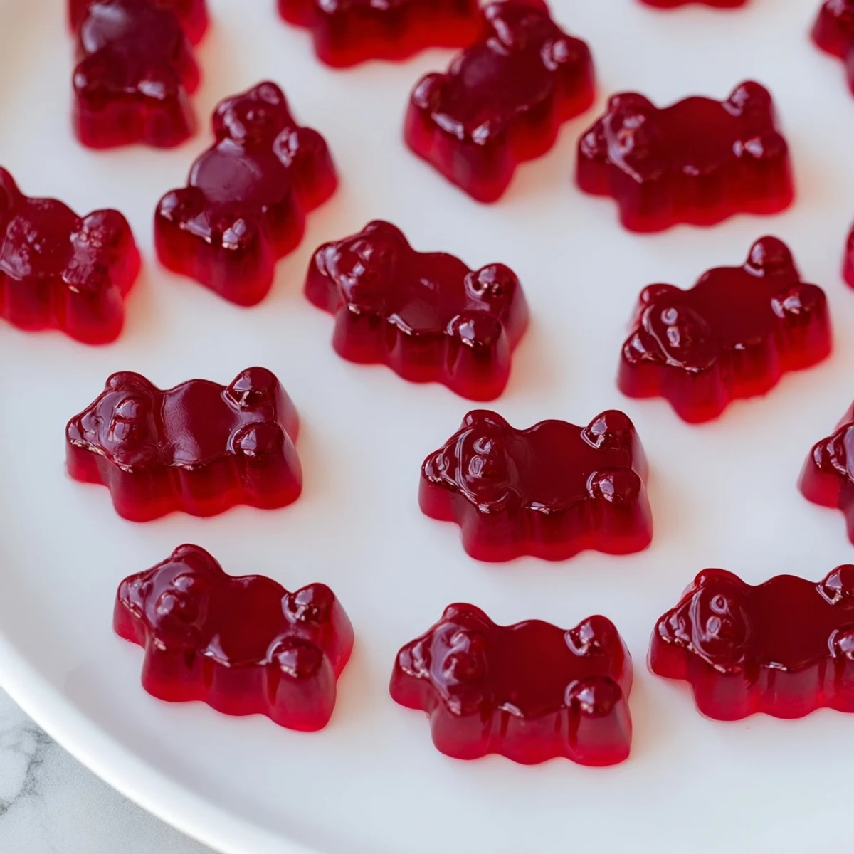 Chewy homemade raspberry gummy snacks arranged on a white plate, showing their vibrant red color and translucent gel texture