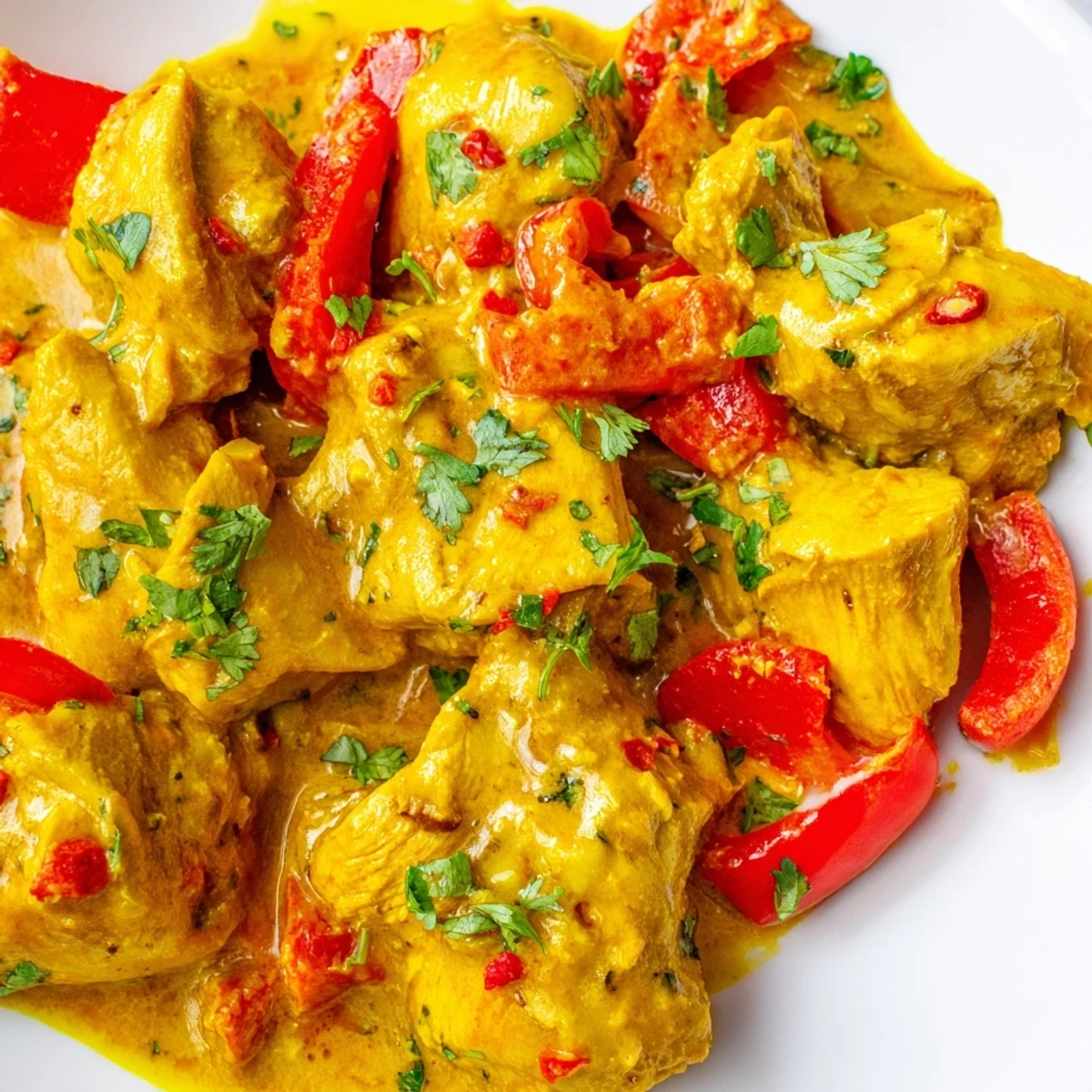 Golden spicy Brazilian coconut chicken in creamy white sauce topped with fresh green cilantro