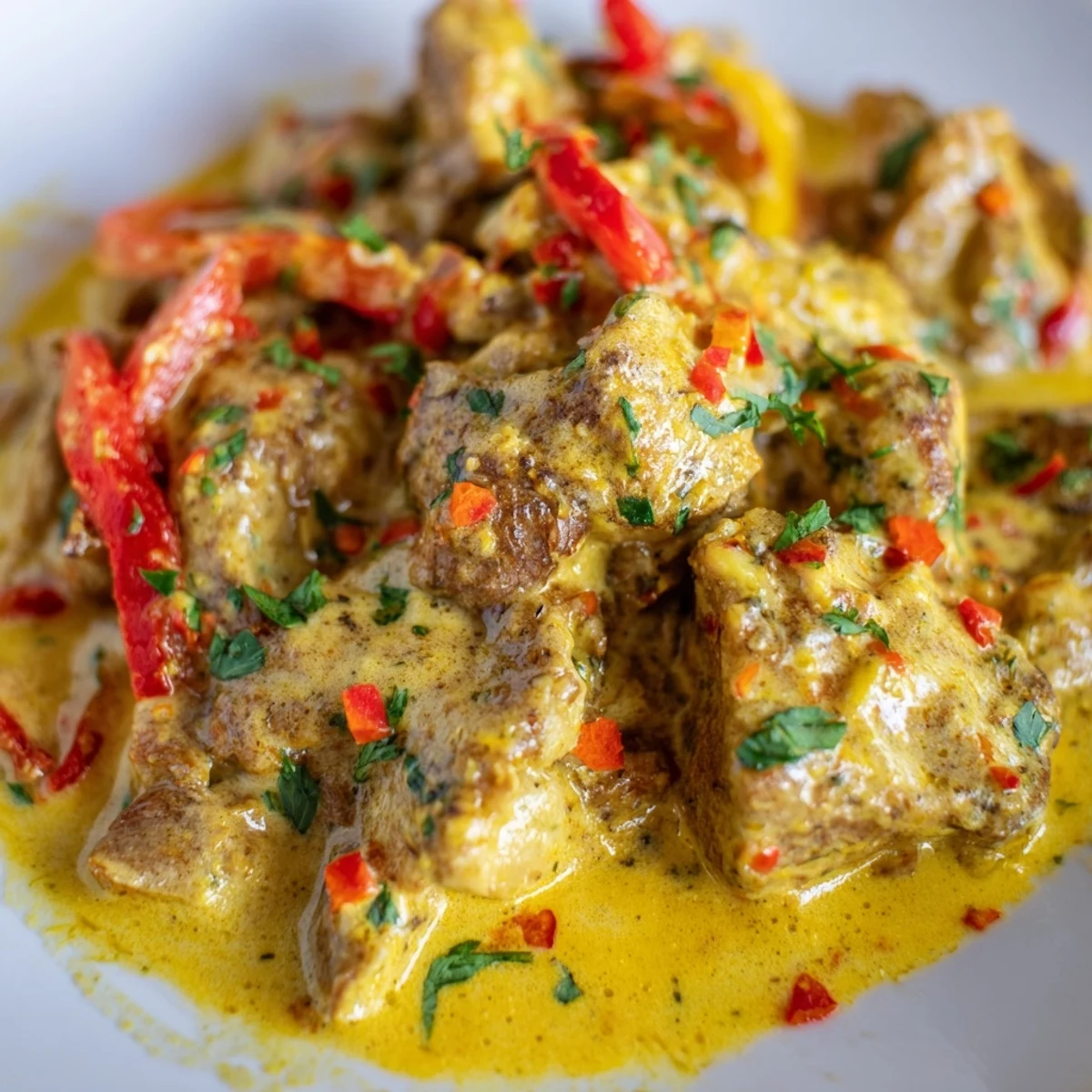 Creamy Brazilian coconut chicken dish garnished with lime wedges and chopped cilantro over rice