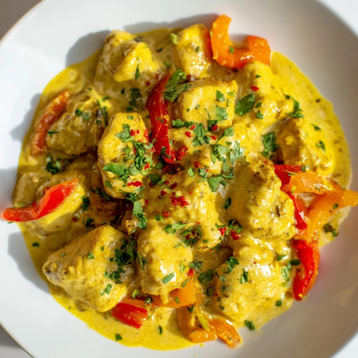 Tender chicken thighs simmered in rich coconut milk with vibrant red bell pepper slices