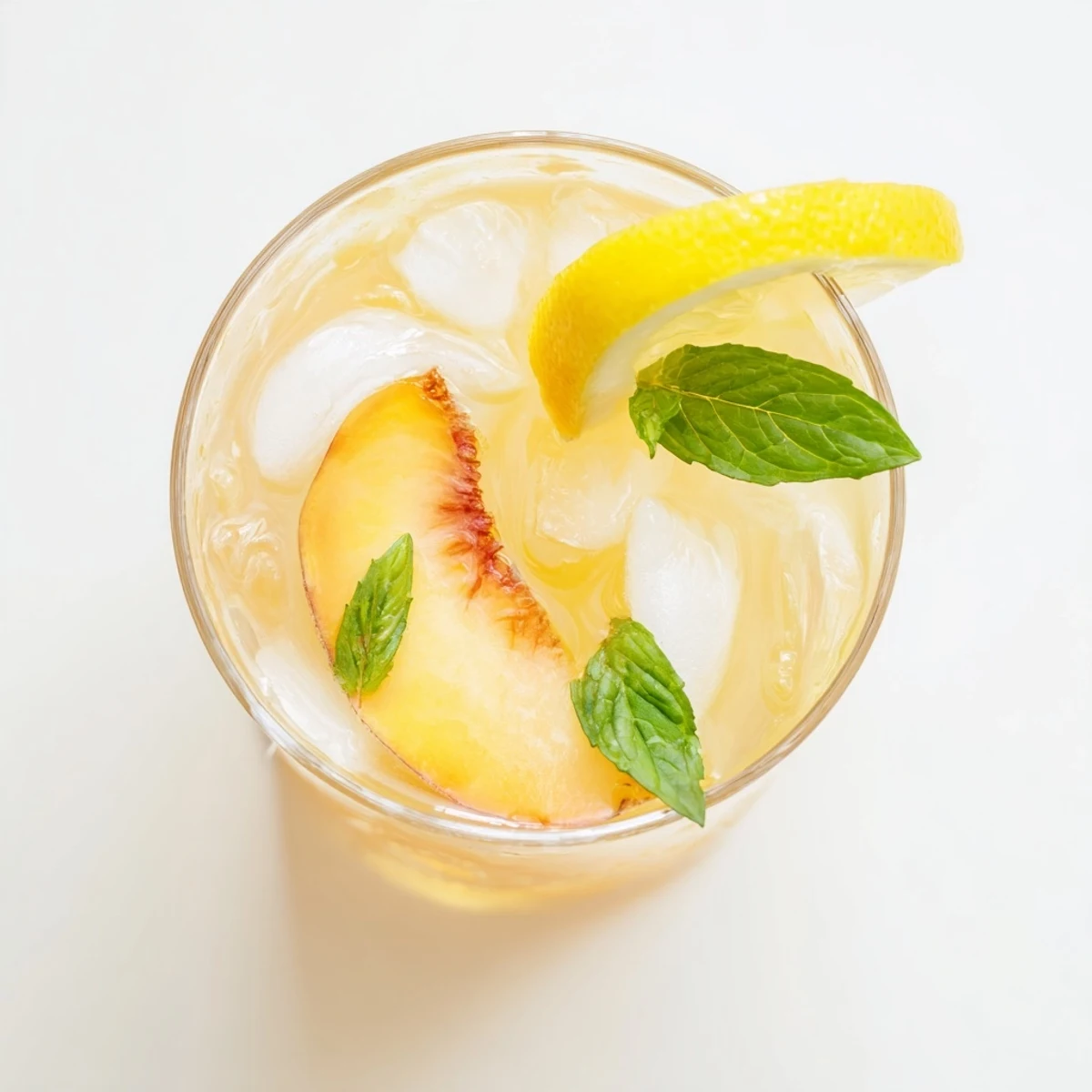 Fresh peach lemonade served over ice with peach slices and lemon wheel garnish