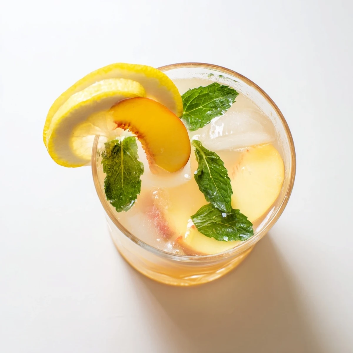 Refreshing summer fresh peach lemonade drink with floating ice and fruit wedges