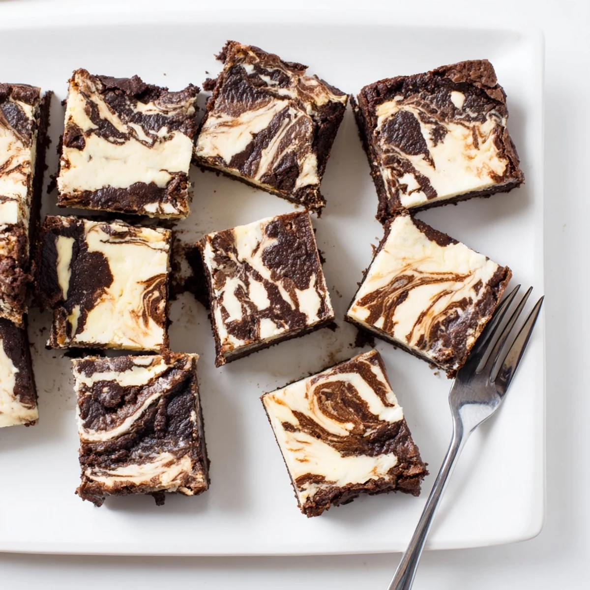 Golden brown sourdough brownie bars featuring tangy cheesecake swirls on a chocolate fudge base