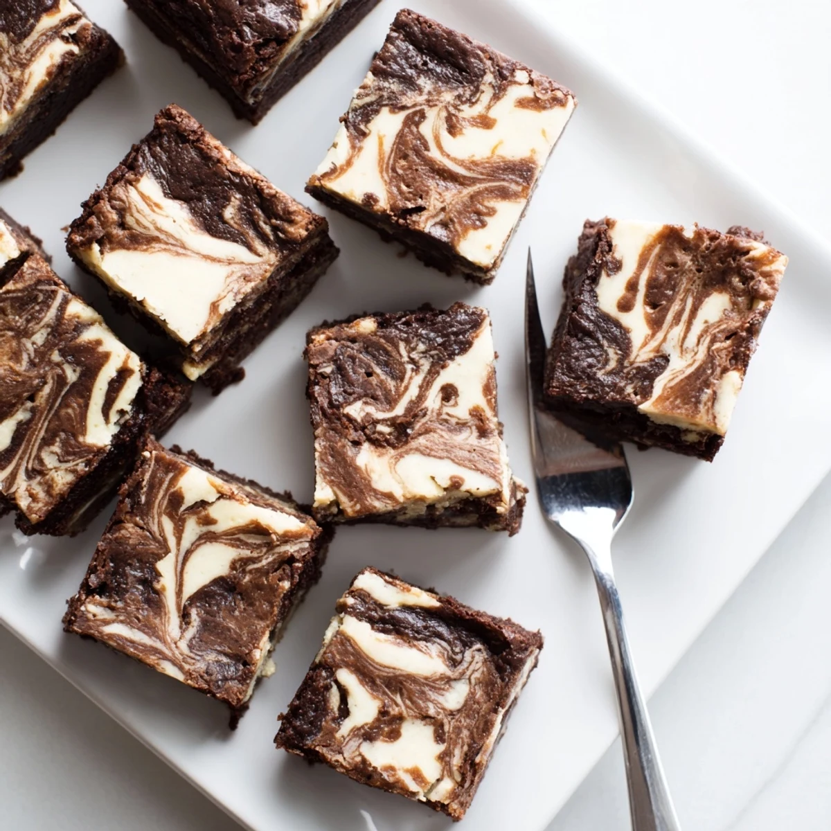 Homemade sourdough cheesecake brownie bars sliced into squares with marbled cream cheese and chocolate layers