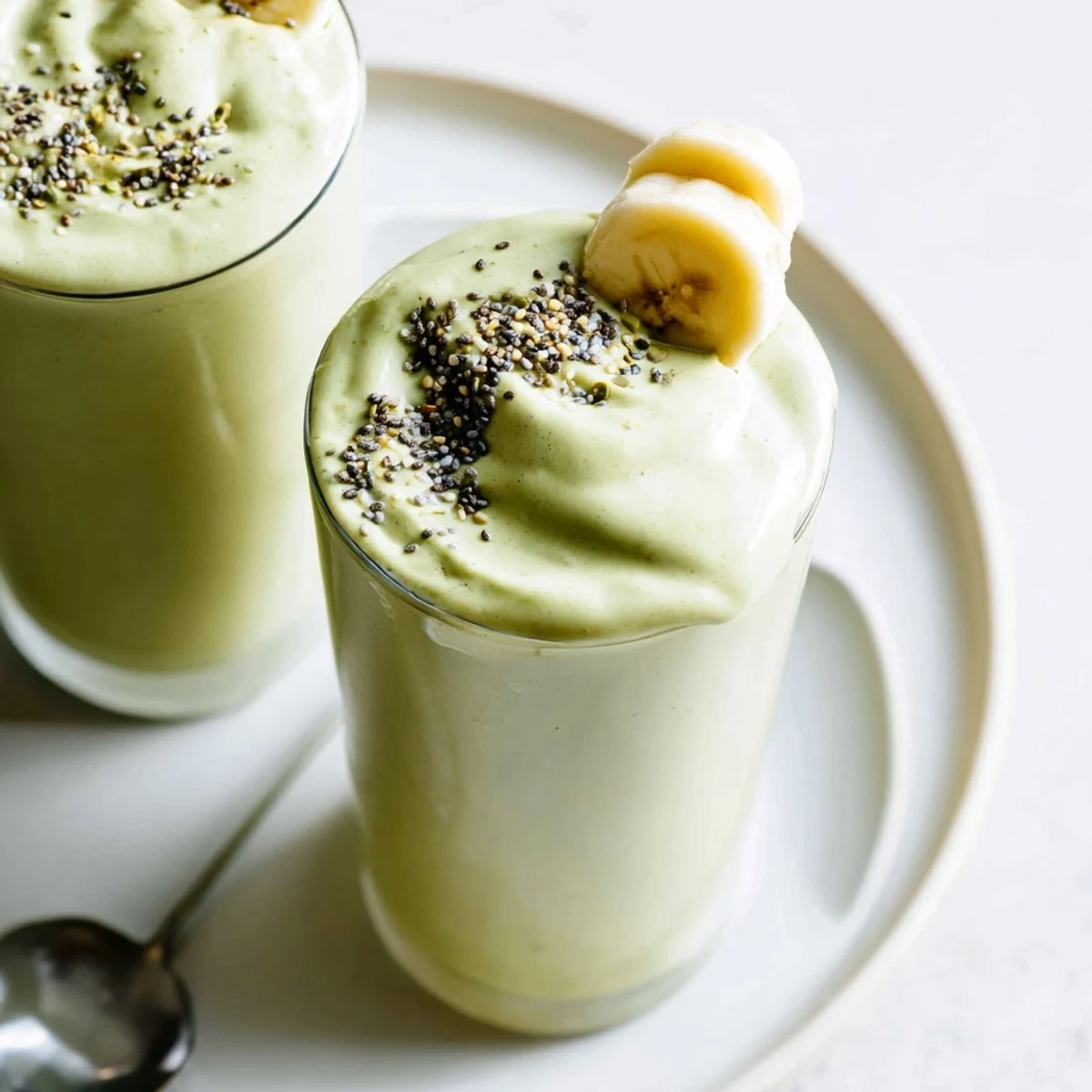 Vibrant Matcha Smoothie poured from blender into two glasses, subtly sweet