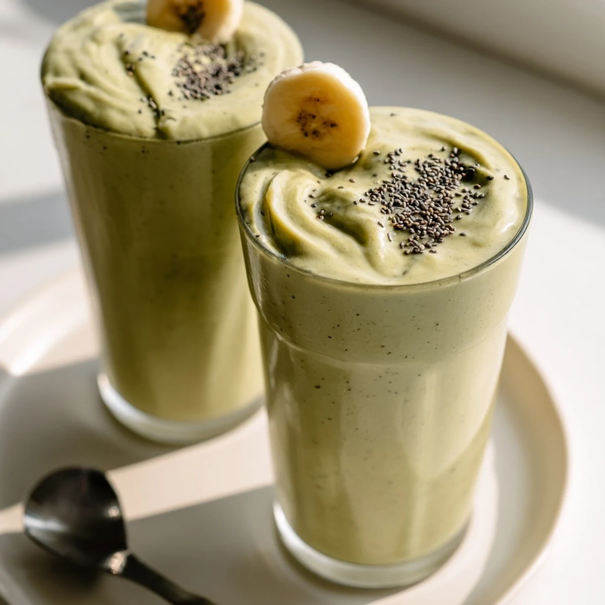 Cold Matcha Smoothie topped with chia seeds, velvety sip, breakfast-ready