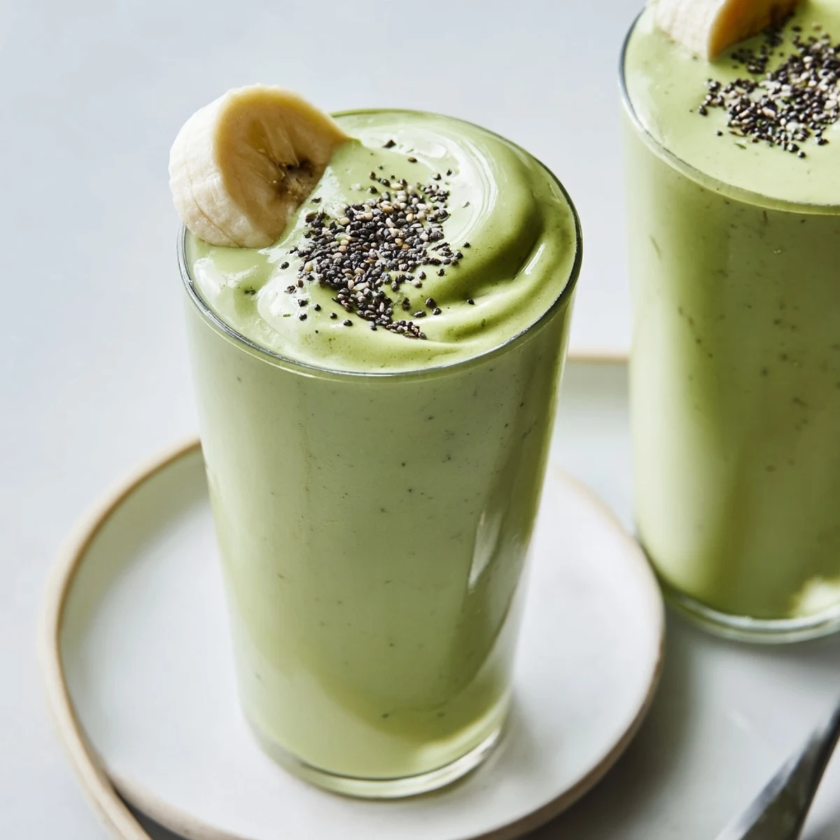 Matcha Smoothie in tall glass, creamy green texture, banana aroma, chilled