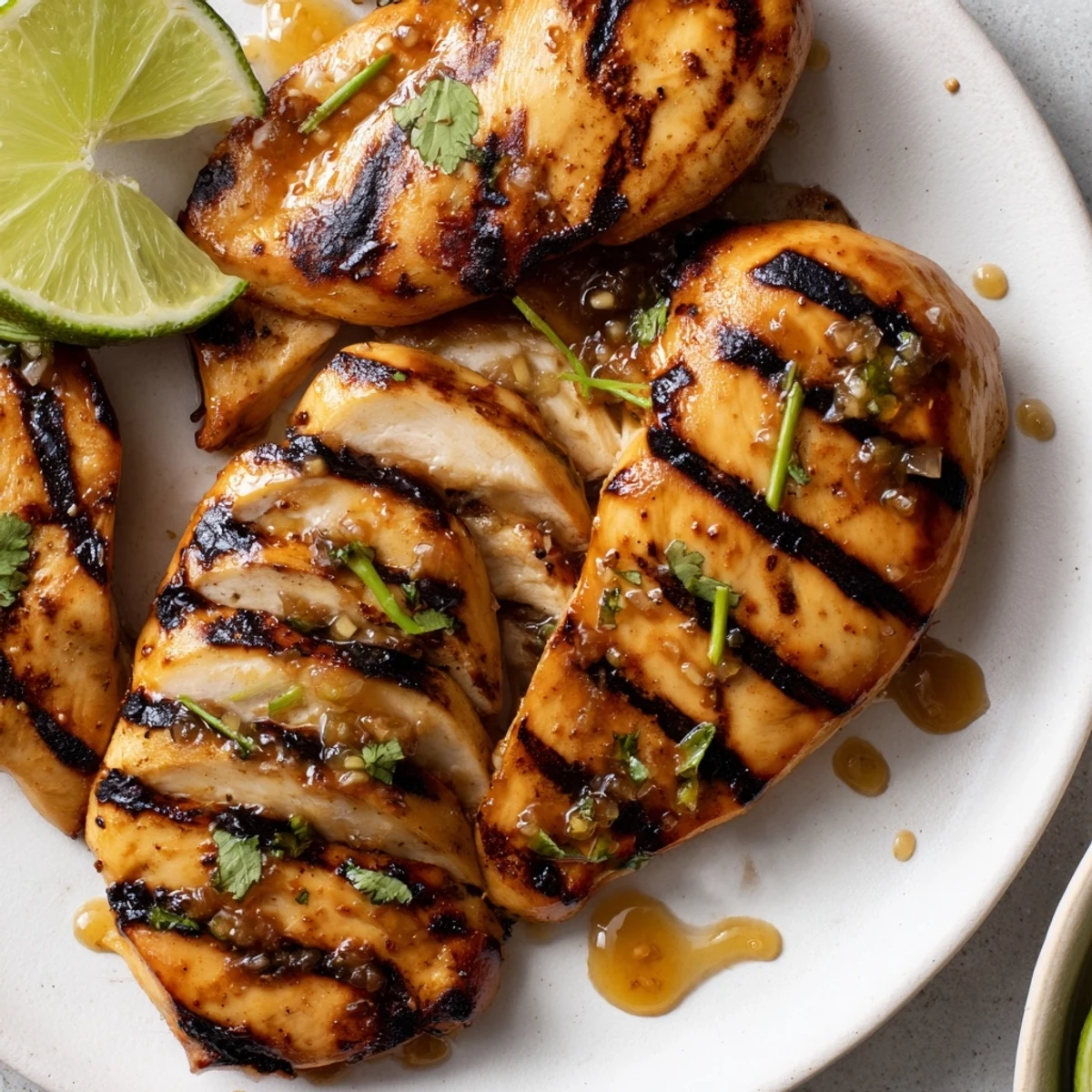 Zesty Key West Grilled Chicken With Tropical Citrus Marinade resting, sliced, cilantro garnish