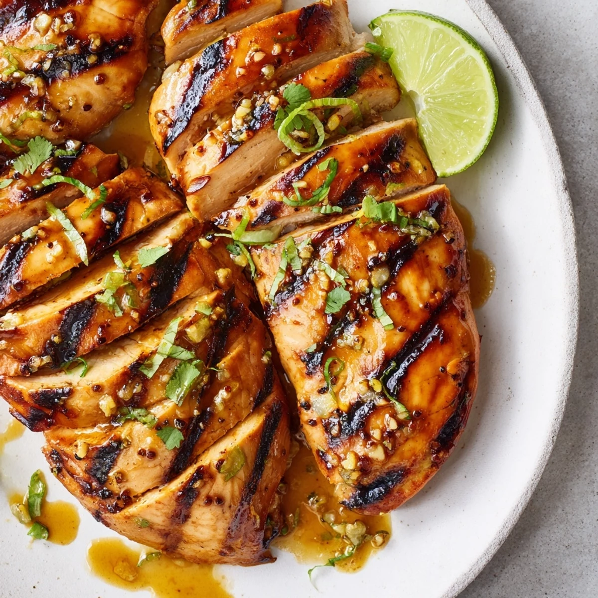 Key West Grilled Chicken With Tropical Citrus Marinade: juicy, charred breasts with lime wedges