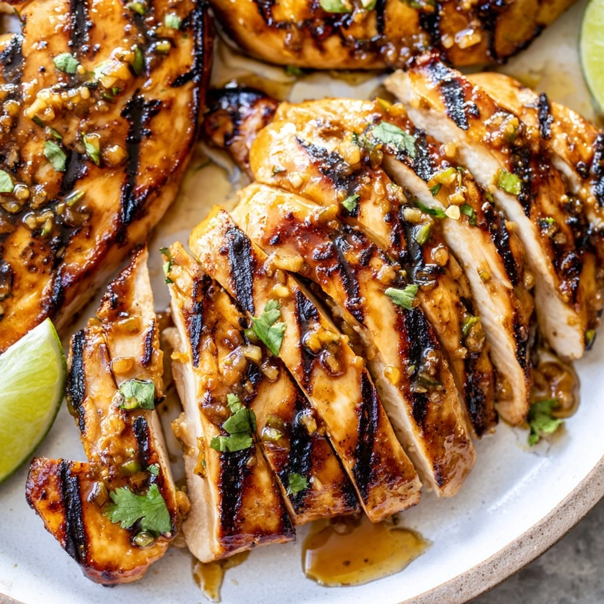 Key West Grilled Chicken With Tropical Citrus Marinade, thinly sliced, served beside grilled vegetables