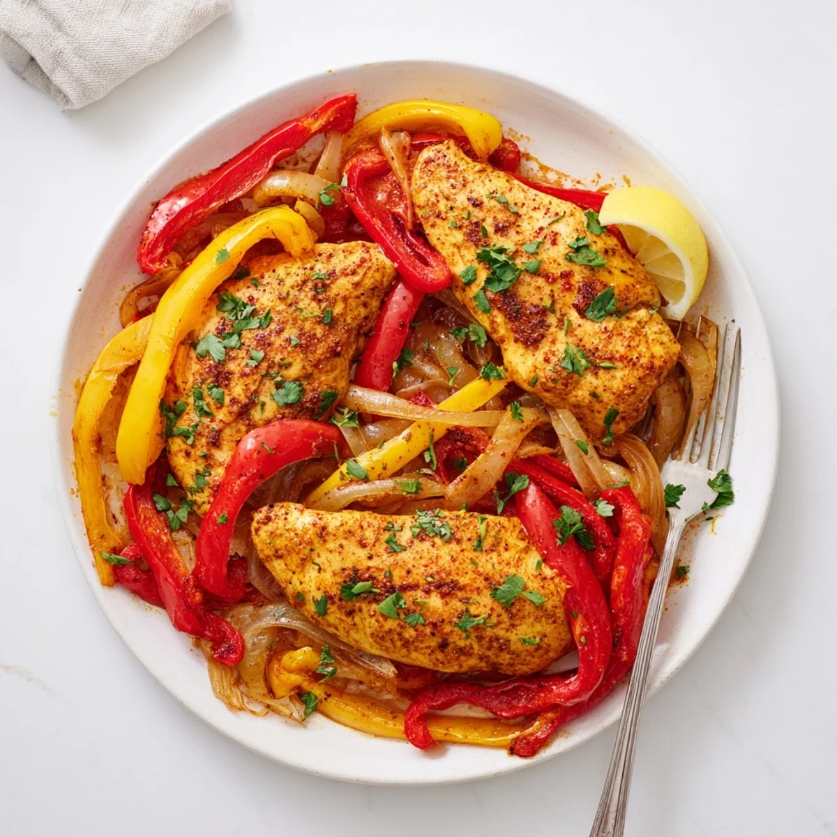 One Pan Chicken And Peppers sizzling in oven, juicy chicken and tender peppers
