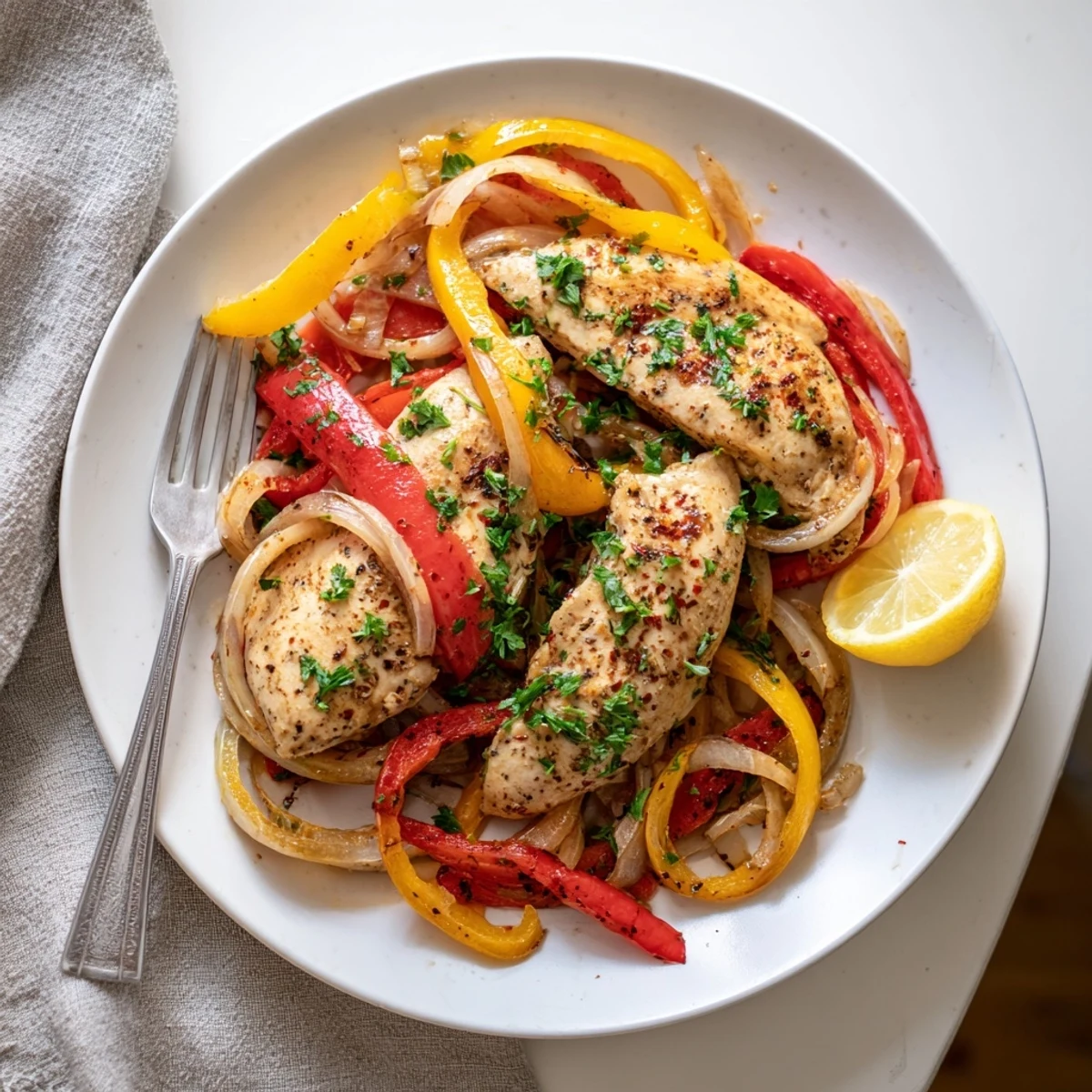 Warm One Pan Chicken And Peppers with smoky paprika, lemon wedges for serving