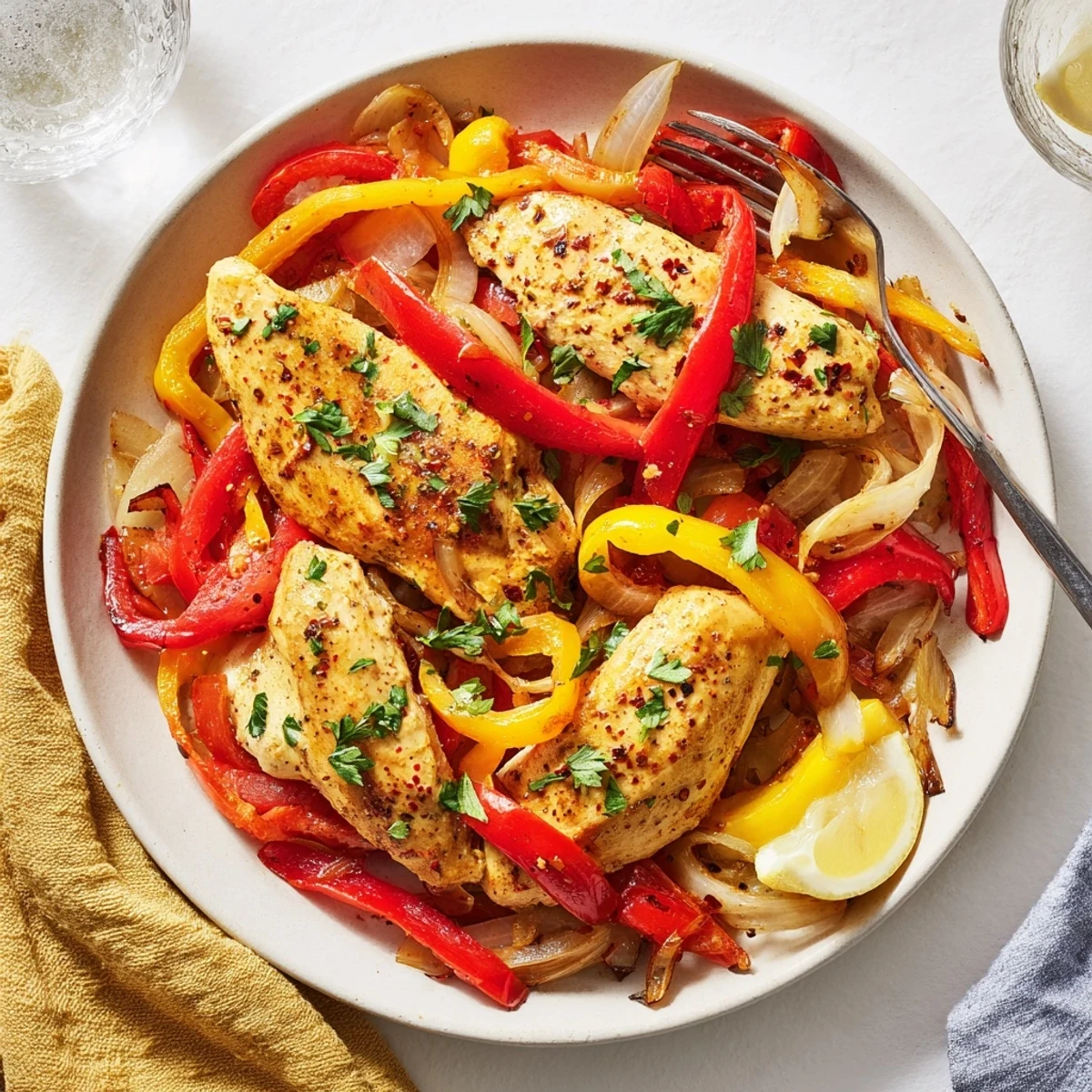 Oven-roasted One Pan Chicken And Peppers with charred bell slices, lemon