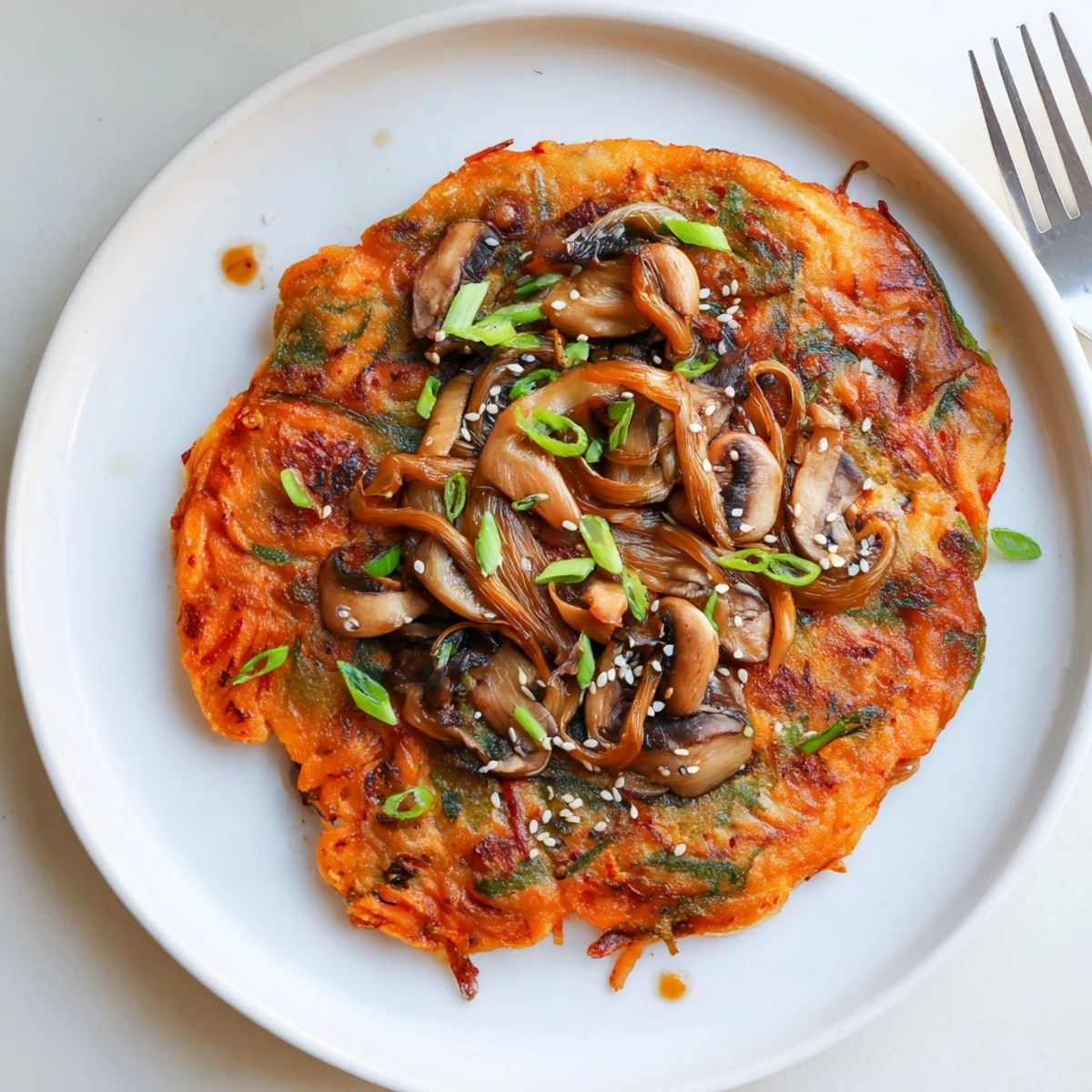 Vegan Kimchi Pancake With Tamari Mushrooms, golden-crisp edges topped with scallions.