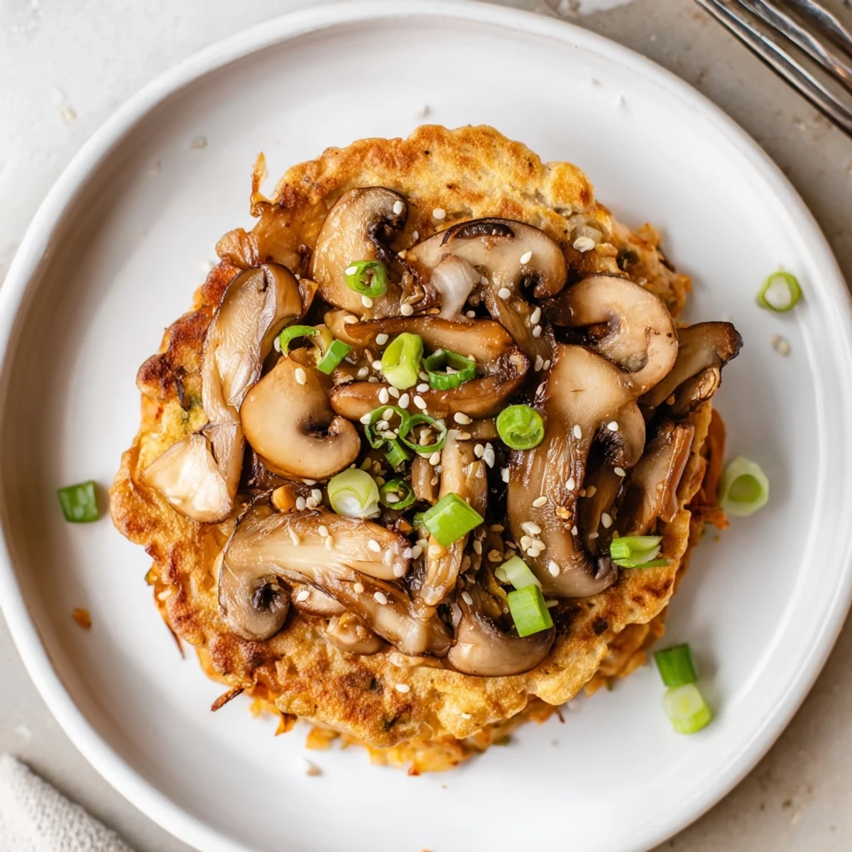 Stacked Vegan Kimchi Pancake With Tamari Mushrooms served with spicy tangy dipping sauce.