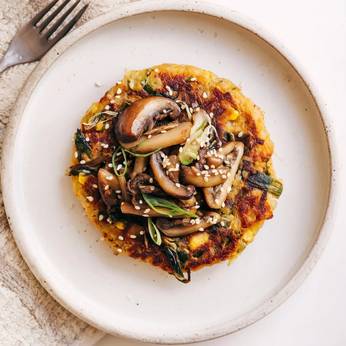 Pan-seared Vegan Kimchi Pancake With Tamari Mushrooms, savory umami mushrooms glazed and glossy.