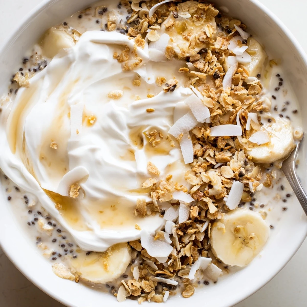 Coconut Cream Pie Overnight Oats with velvety coconut milk, spoon-ready sweetness.
