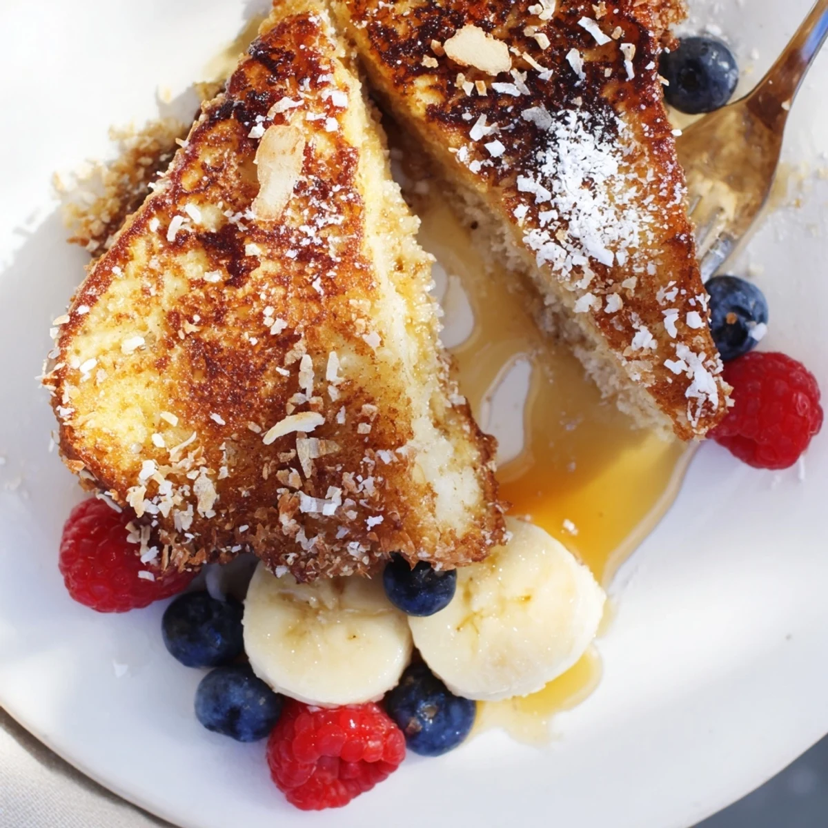 Coconut Crusted French Toast golden, crispy edges with maple syrup and berries
