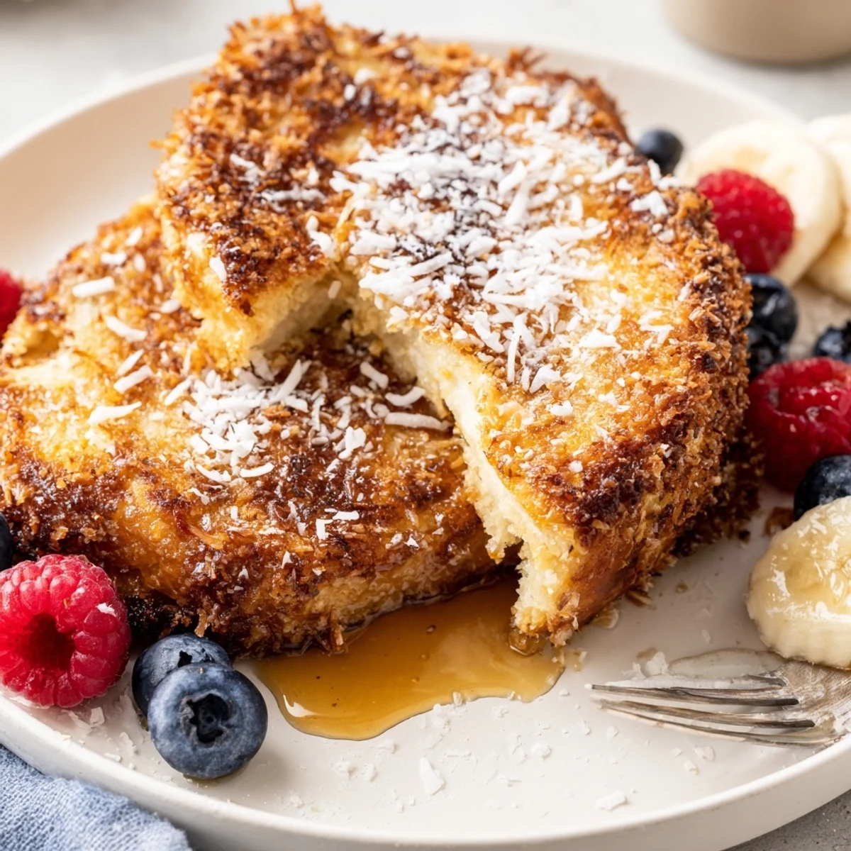 Overhead plate of Coconut Crusted French Toast steaming, dusted with powdered sugar