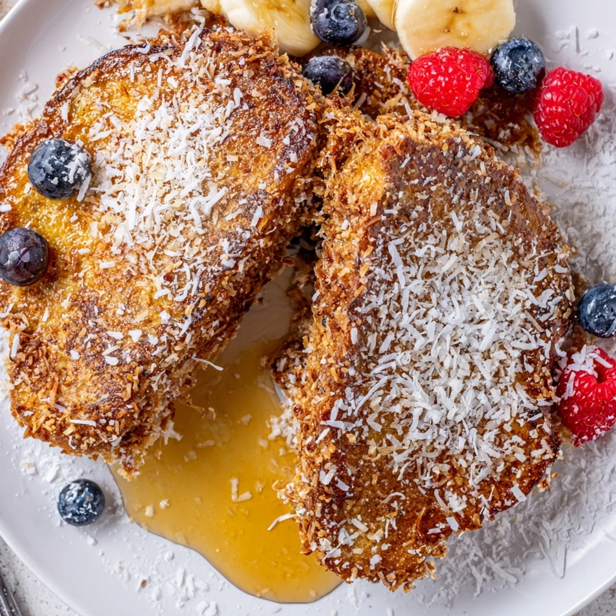 Skillet-fried Coconut Crusted French Toast with warm banana slices and toasty coconut