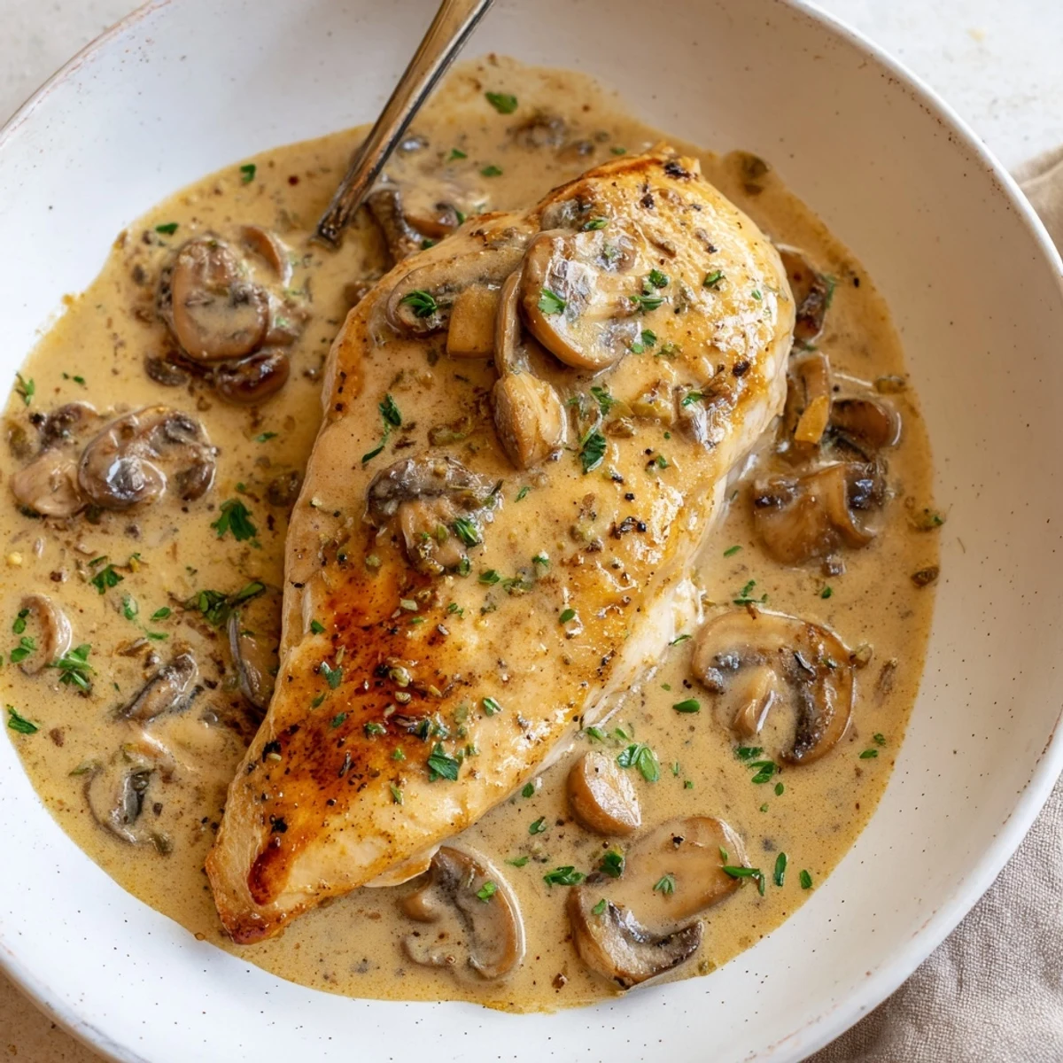 Golden chicken breasts in Skillet Chicken And Mushroom Sauce, rich cream and thyme