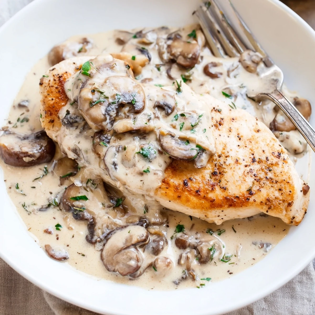 Skillet Chicken And Mushroom Sauce served over buttery mashed potatoes, garnished with parsley