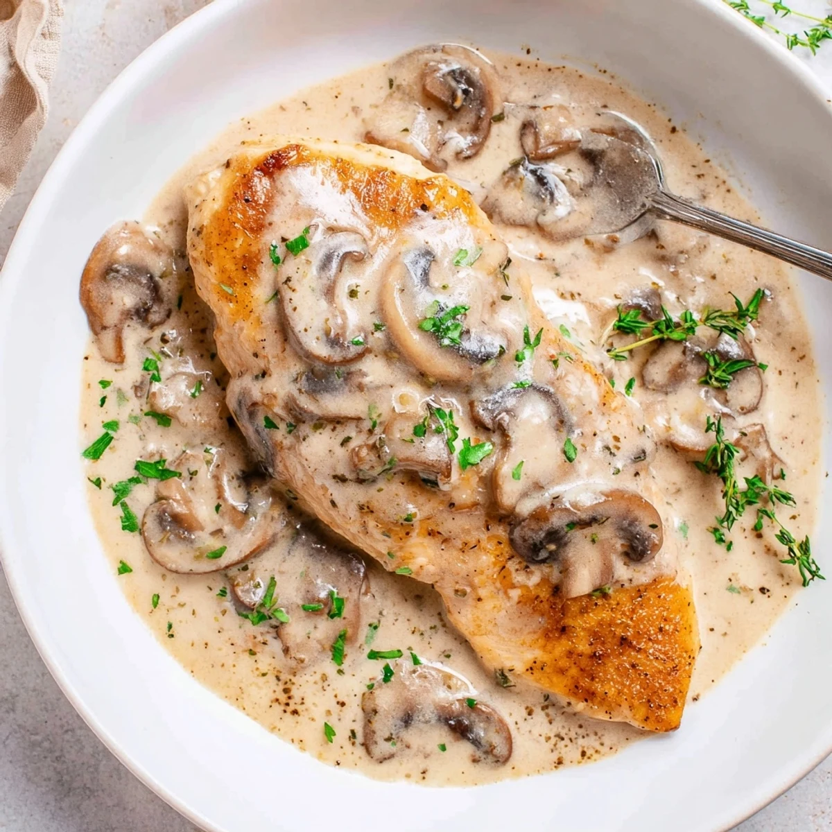 Sliced tender chicken in Skillet Chicken And Mushroom Sauce glistening with earthy mushrooms