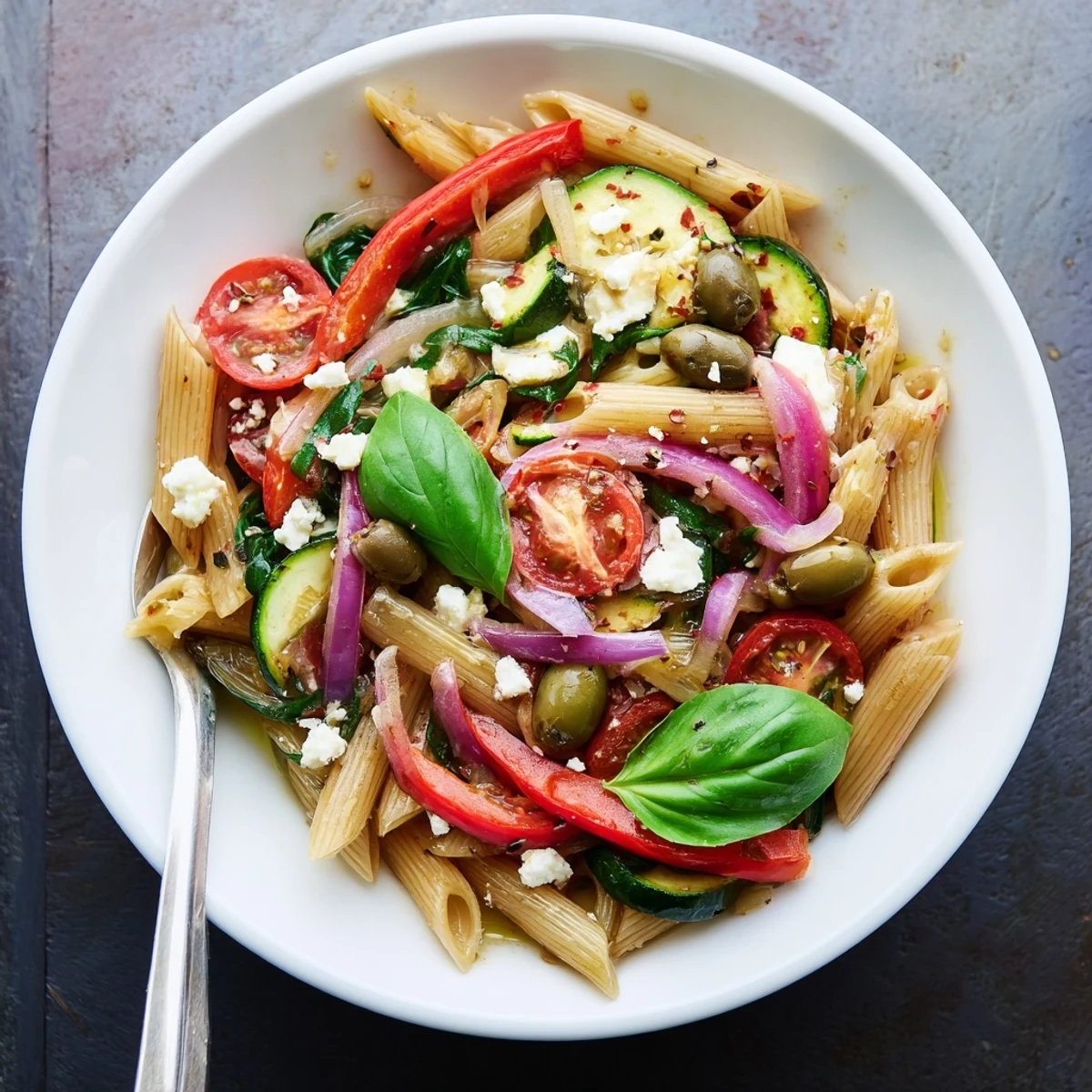 Colorful Mediterranean one pot pasta with fresh vegetables olives and crumbled feta cheese topping