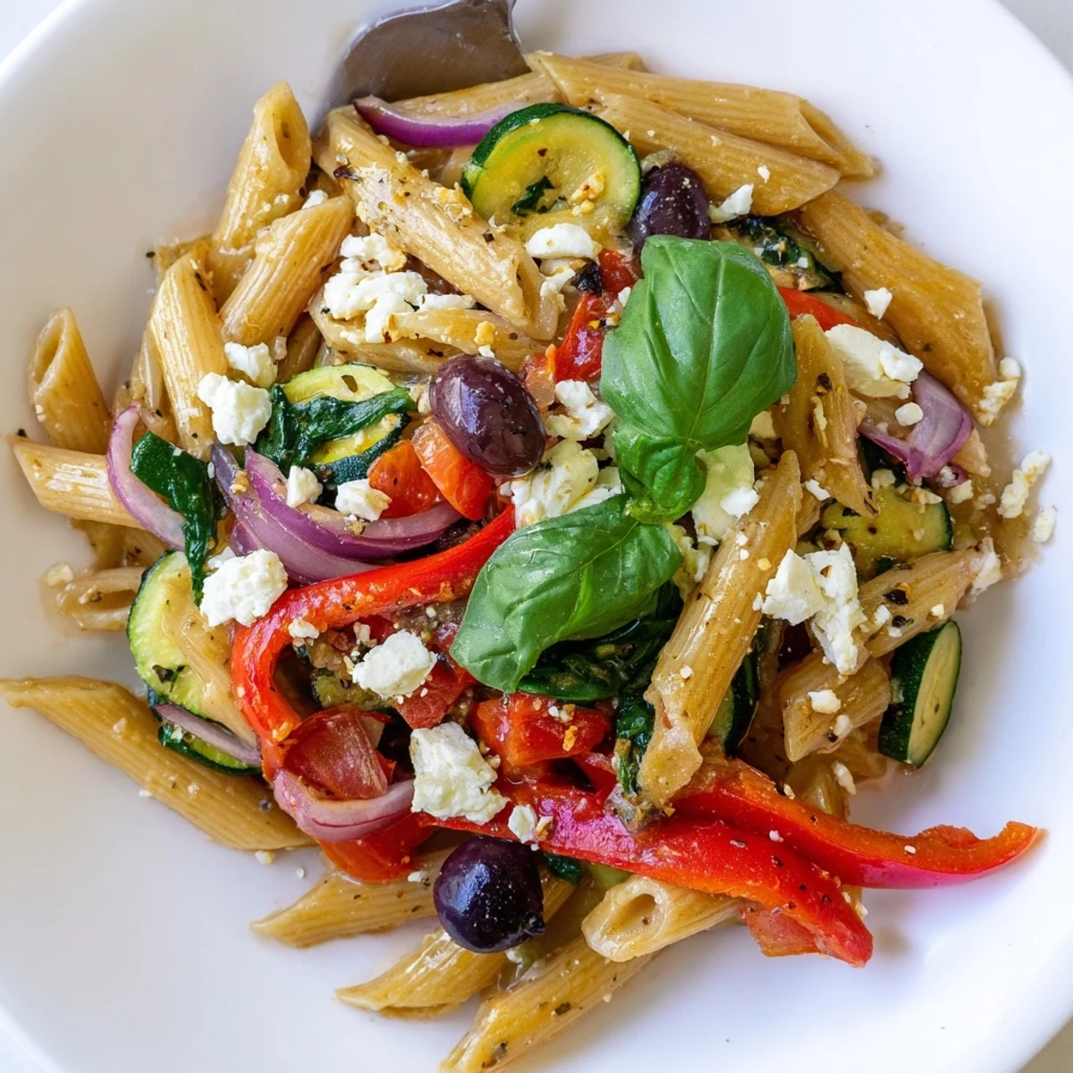 Rustic Mediterranean one pot pasta in a white dish garnished with fresh basil and feta