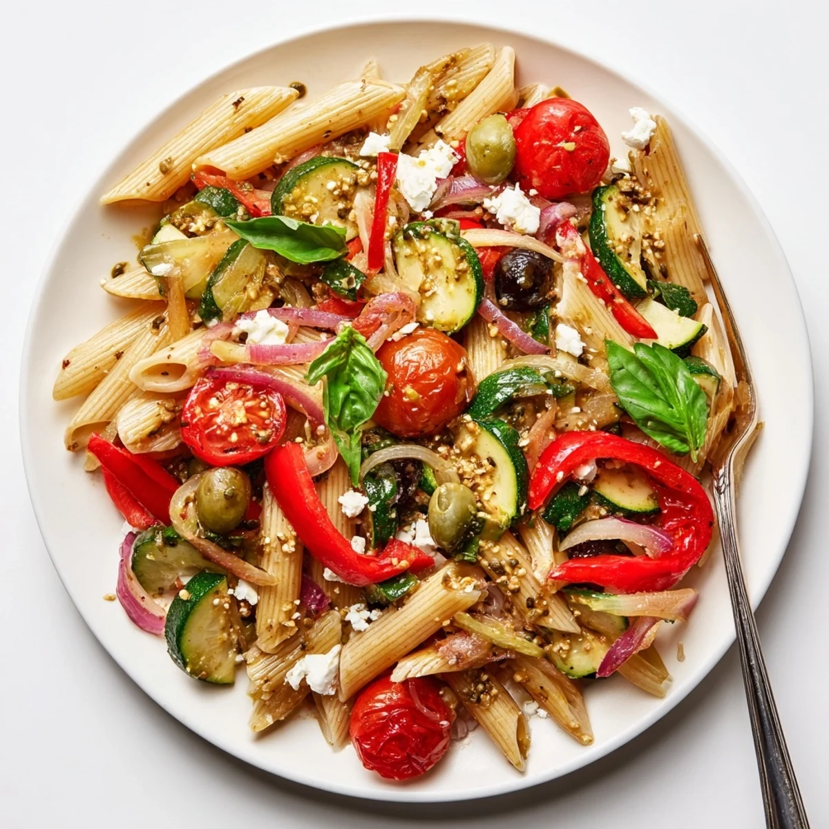 Steaming bowl of Mediterranean one pot pasta loaded with bell peppers zucchini and cherry tomatoes