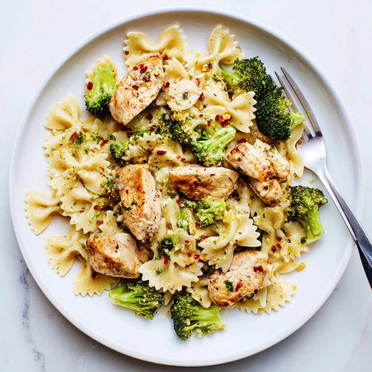 Creamy cowboy butter glazed chicken served with tender farfalle pasta and fresh crisp broccoli florets
