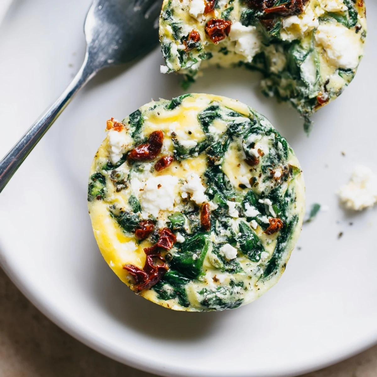Golden spinach feta and sun dried tomato egg muffin cups freshly baked in a muffin tin