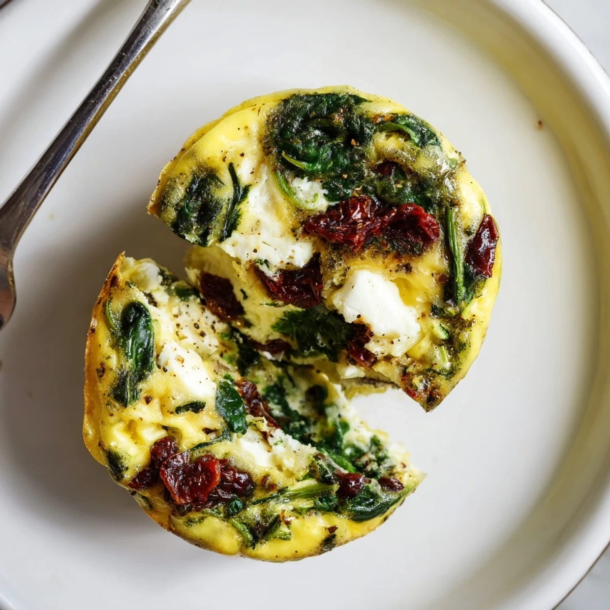 Protein-packed spinach feta egg muffins featuring sun dried tomatoes in a portable cup form