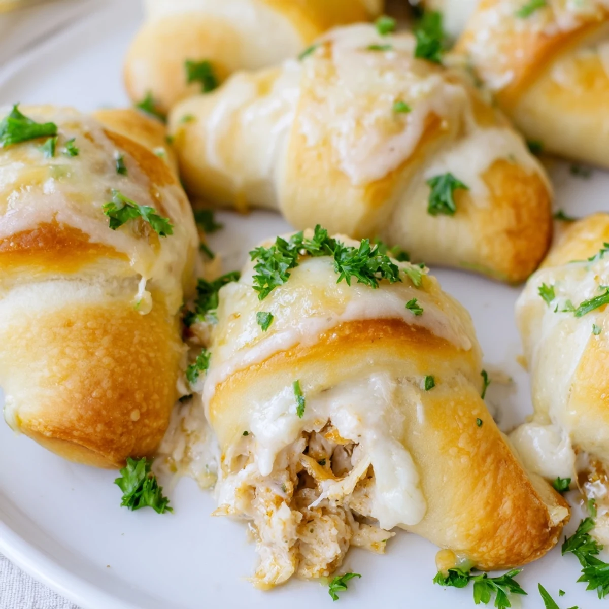 Golden baked chicken pillows with crescent dough drizzled with rich parmesan sauce